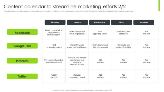 Optimizing Content Marketing Strategies To Enhance Conversion Rate Content Calendar To Streamline Marketing Efforts Professional PDF
