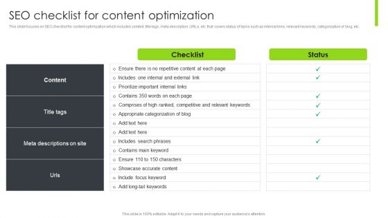 Optimizing Content Marketing Strategies To Enhance Conversion Rate SEO Checklist For Content Optimization Ideas PDF