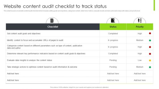 Optimizing Content Marketing Strategies To Enhance Conversion Rate Website Content Audit Checklist To Track Status Designs PDF