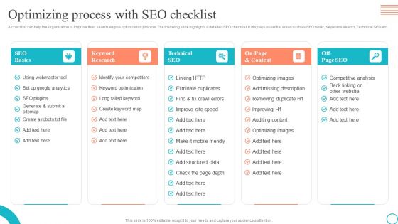 Optimizing Process With Seo Checklist Marketing Tactics To Enhance Business Summary PDF