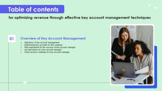 Optimizing Revenue Through Effective Key Account Management Techniques Table Of Contents Information PDF