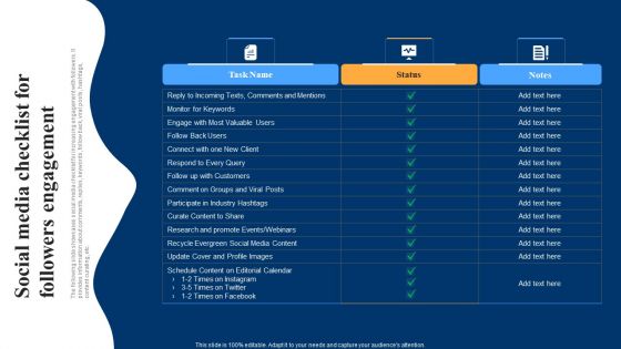 Optimizing Social Networks Social Media Checklist For Followers Engagement Portrait PDF