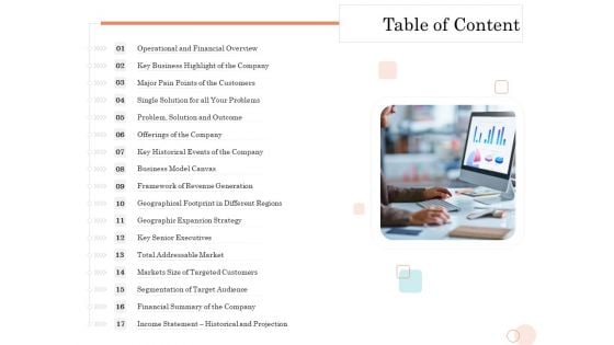 Option Pool Funding Pitch Deck Table Of Content Diagrams PDF