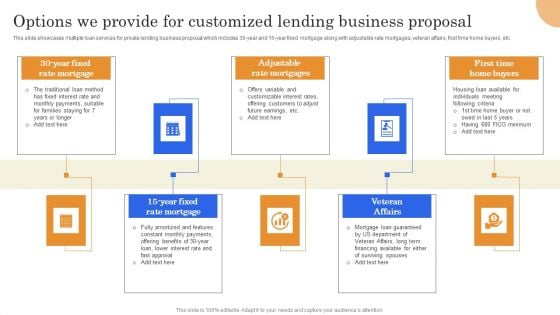 Options We Provide For Customized Lending Business Proposal Portrait PDF