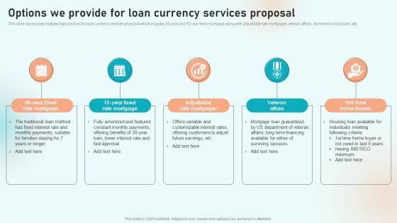 Options We Provide For Loan Currency Services Proposal Ppt Layouts Clipart Images PDF