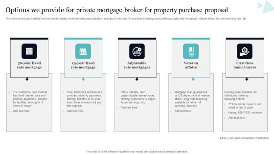Options We Provide For Private Mortgage Broker For Property Purchase Proposal Demonstration PDF