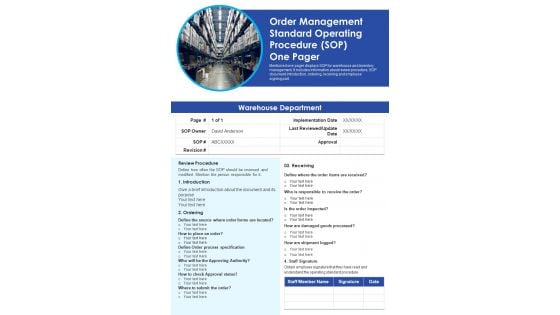 Order Management Standard Operating Procedure SOP One Pager PDF Document PPT Template