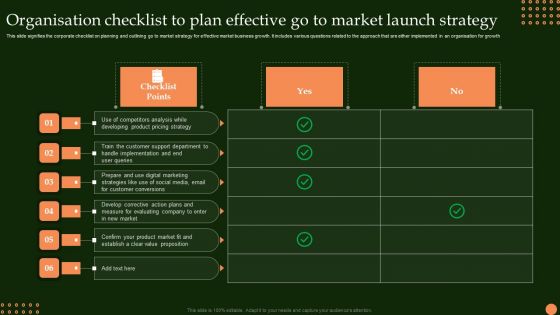 Organisation Checklist To Plan Effective Go To Market Launch Strategy Diagrams PDF