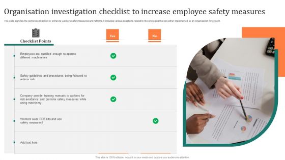 Organisation Investigation Checklist To Increase Employee Safety Measures Rules PDF