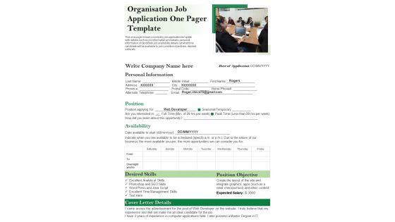 Organisation Job Application One Pager Template PDF Document PPT Template