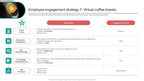 Organising Staff Flexible Job Arrangements Employee Engagement Strategy 1 Virtual Coffee Breaks Elements PDF