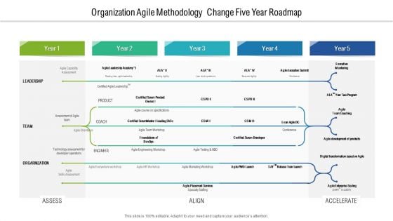 Organization Agile Methodology Change Five Year Roadmap Slides