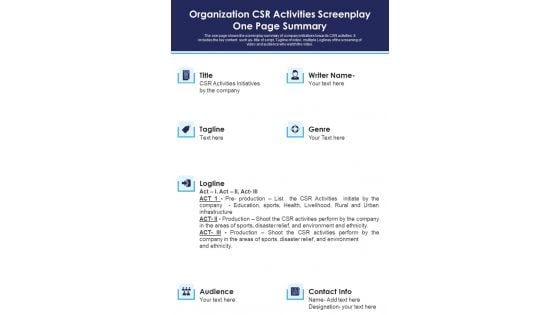 Organization CSR Activities Screenplay One Page Summary PDF Document PPT Template Organization CSR Activities Screenplay One Page Summary PDF Document PPT Template