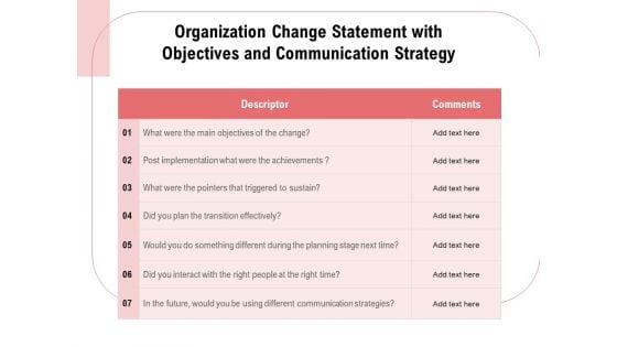 Organization Change Statement With Objectives And Communication Strategy Ppt PowerPoint Presentation Model Background PDF