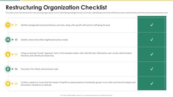 Organization Chart And Corporate Model Transformation Restructuring Organization Checklist Slides PDF