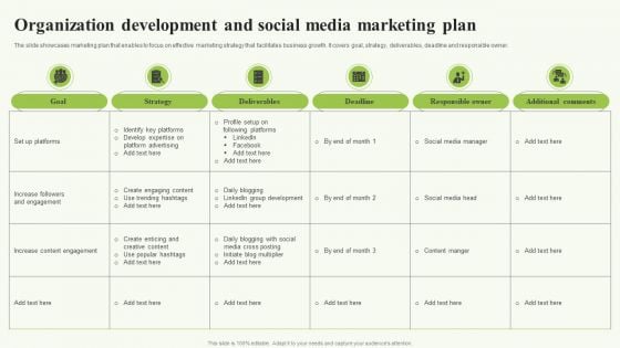 Organization Development And Social Media Marketing Plan Icons PDF