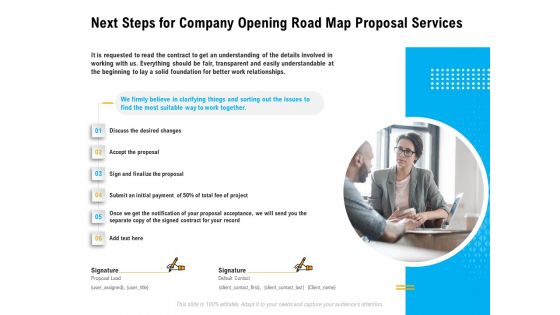 Organization Inception Timeline Proposal Next Steps For Company Opening Road Map Proposal Services Slides PDF