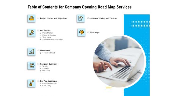 Organization Inception Timeline Proposal Table Of Contents For Company Opening Road Map Services Demonstration PDF Organization Inception Timeline Proposal Table Of Contents For Company Opening Road Map Services Demonstration PDF