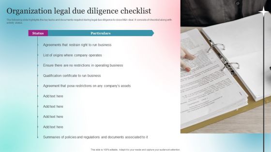 Organization Legal Due Diligence Checklist Elements PDF