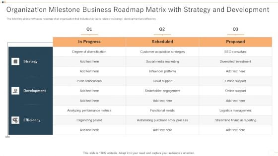 Organization Milestone Business Roadmap Matrix With Strategy And Development Clipart PDF