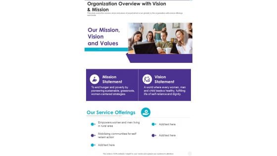 Organization Overview With Vision And Mission One Pager Documents