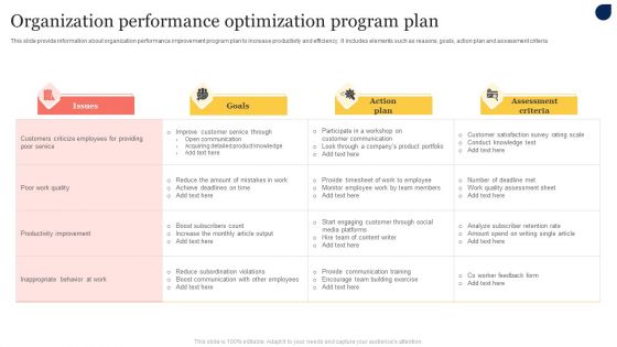 Organization Performance Optimization Program Plan Diagrams PDF