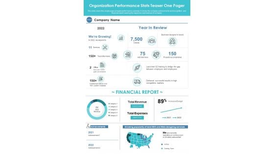 Organization Performance Stats Teaser One Pager PDF Document PPT Template