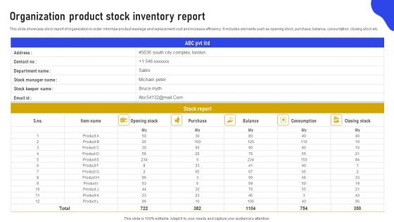 Organization Product Stock Inventory Report Elements PDF