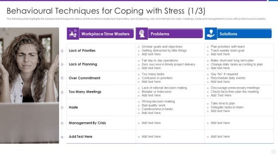 Organization Stress Administration Practices Behavioural Techniques For Coping Template PDF