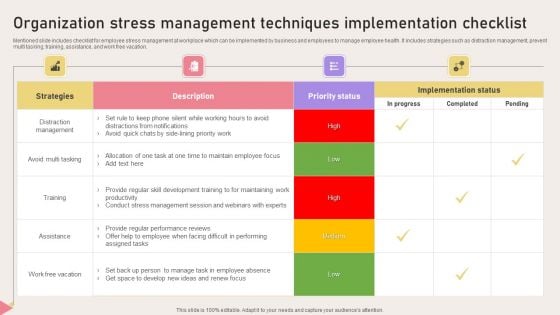 Organization Stress Management Techniques Implementation Checklist Formats PDF