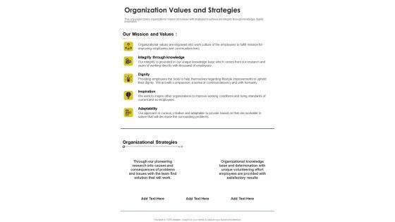 Organization Values And Strategies One Pager Documents