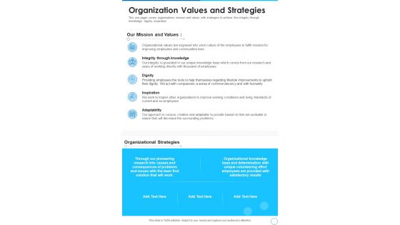 Organization Values And Strategies Template 134 One Pager Documents