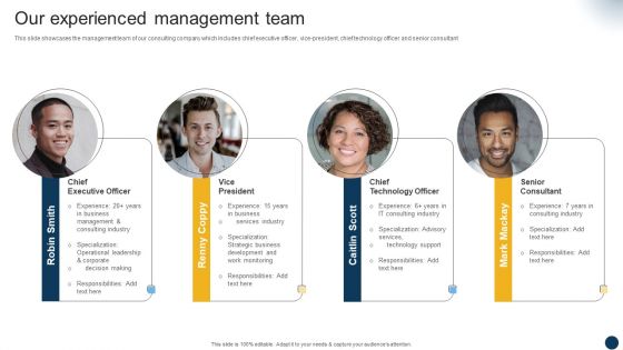 Organizational Advisory Solutions Business Profile Our Experienced Management Team Icons PDF