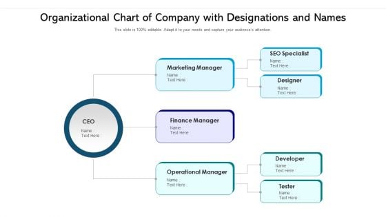 Organizational Chart Of Company With Designations And Names Ppt PowerPoint Presentation Gallery Deck PDF