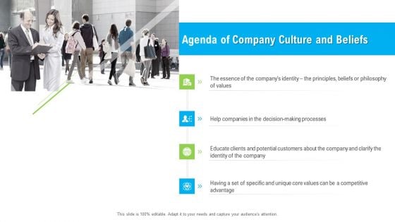 Organizational Culture Agenda Of Company Culture And Beliefs Ppt Infographics Ideas PDF