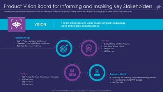 Organizational Marketing Playbook Product Vision Board For Informing And Inspiring Key Stakeholders Guidelines PDF