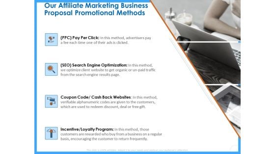 Organizational Performance Marketing Our Affiliate Marketing Business Proposal Promotional Methods Icons PDF