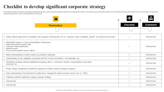 Organizational Plan Overview Checklist To Develop Significant Corporate Strategy Topics PDF