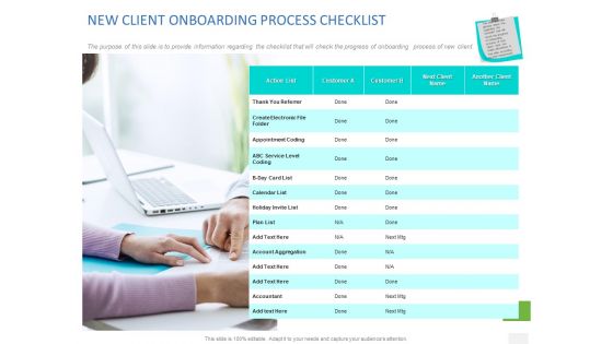 Organizational Socialization NEW CLIENT ONBOARDING PROCESS CHECKLIST Ppt PowerPoint Presentation Icon Example PDF