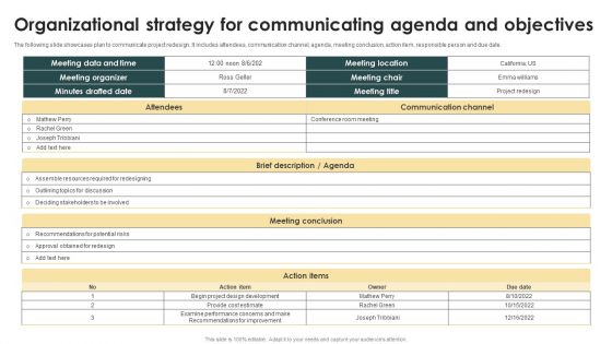 Organizational Strategy For Communicating Agenda And Objectives Ppt Portfolio Topics PDF