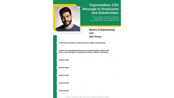 Organizations CEO Message To Employees And Stakeholders One Pager Documents