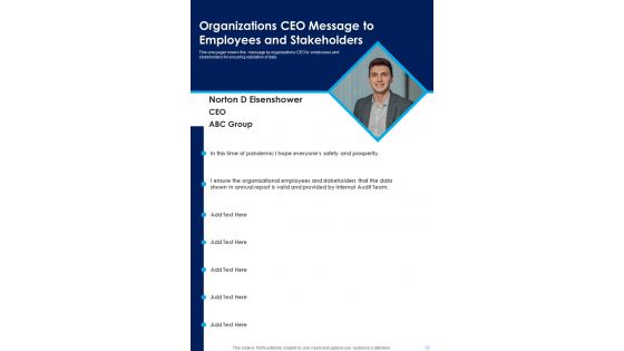 Organizations CEO Message To Employees And Stakeholders Template 175 One Pager Documents