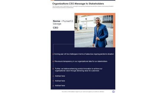 Organizations CEO Message To Stakeholders One Pager Documents