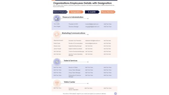 Organizations Employees Details With Designation One Pager Documents