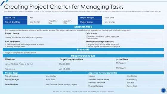 Organizing Action Plan For Successful Project Management Creating Project Charter For Managing Tasks Clipart PDF