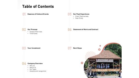 Organizing Perfect Arts Culture Festival Table Of Contents Ppt Portfolio Pictures PDF Organizing Perfect Arts Culture Festival Table Of Contents Ppt Portfolio Pictures PDF