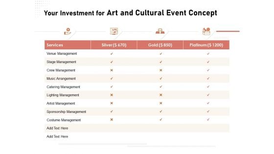 Organizing Perfect Arts Culture Festival Your Investment For Art And Cultural Event Concept Ppt Slides Background Image PDF
