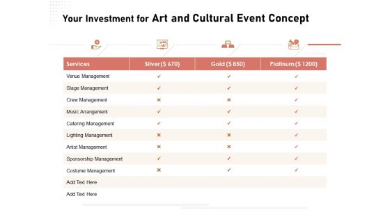 Organizing Perfect Arts Culture Festival Your Investment For Art And Cultural Event Concept Ppt Slides Background Image PDF