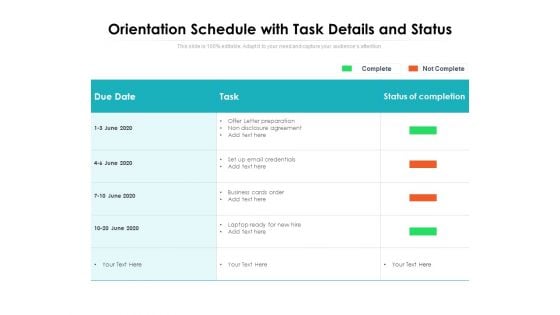 Orientation Schedule With Task Details And Status Ppt PowerPoint Presentation Icon Vector PDF