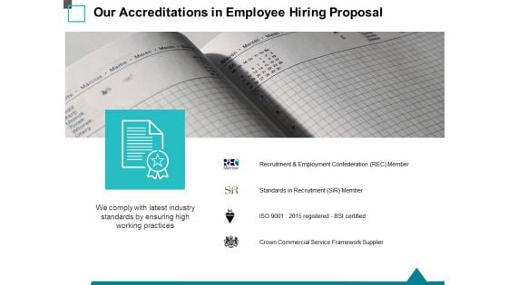 Our Accreditations In Employee Hiring Proposal Ppt PowerPoint Presentation Model Inspiration